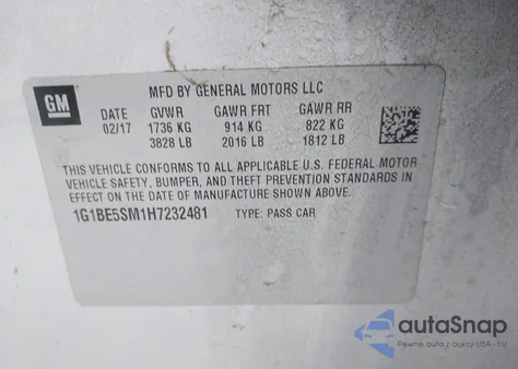 2017 Chevrolet Cruze Lt Auto z USA, uszkodzony, nr VIN 1G1BE5SM1H7232481